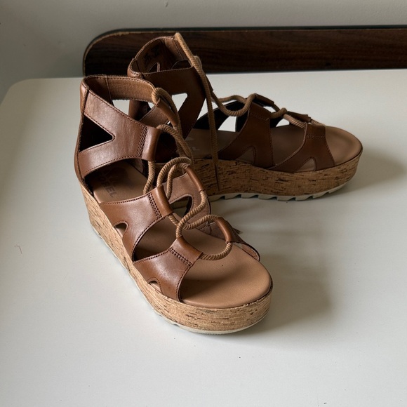Sorel Brown Leather Lace-Up Wedge Sandals - Picture 3 of 6